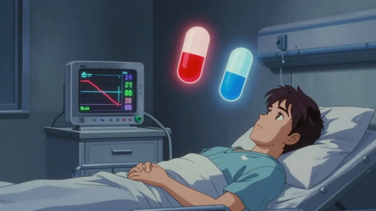 Hospital room at night with pH monitor graph showing nighttime acid breakthrough and floating drug icons.