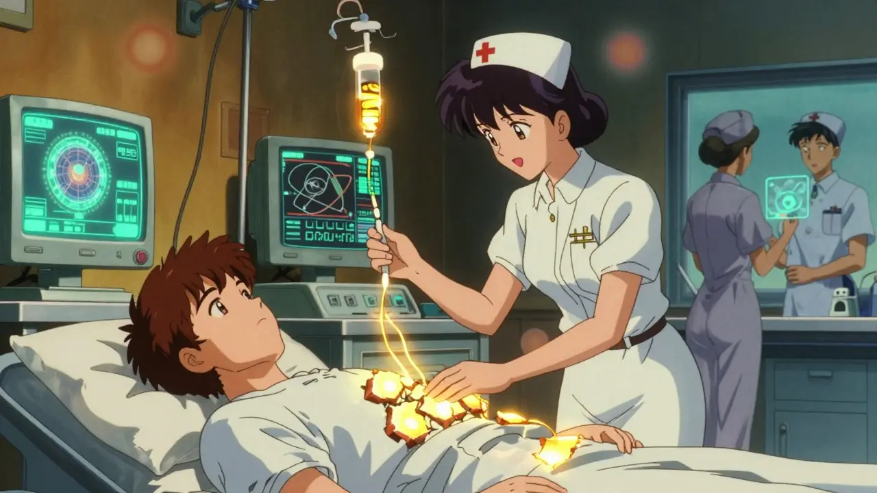 ICU patient receiving echinocandin IV as fungal cell wall crumbles in retro anime style