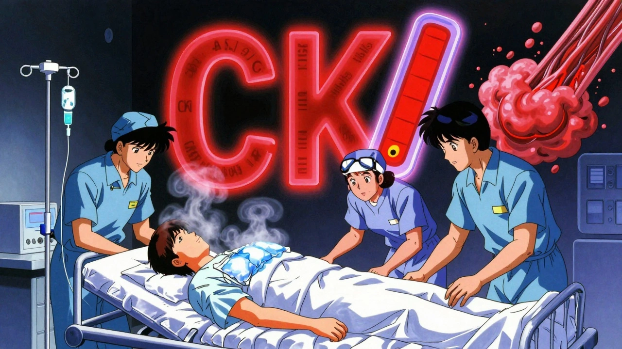 ICU scene with medical team treating NMS, glowing CK meter and muscle damage visualized as dark clouds.