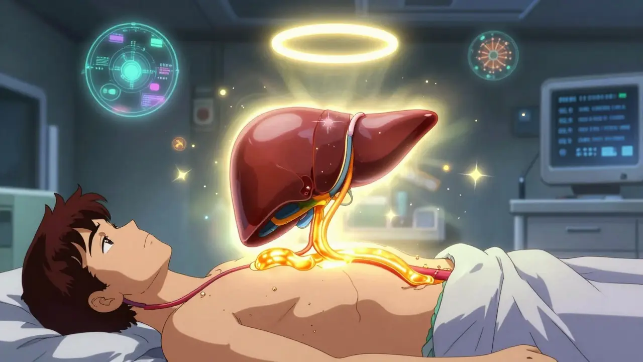 Liver transplant with golden bile flow and hopeful light halo