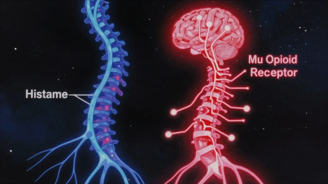 Neural pathways inside a spine showing histamine fading and opioid receptors blazing with energy.