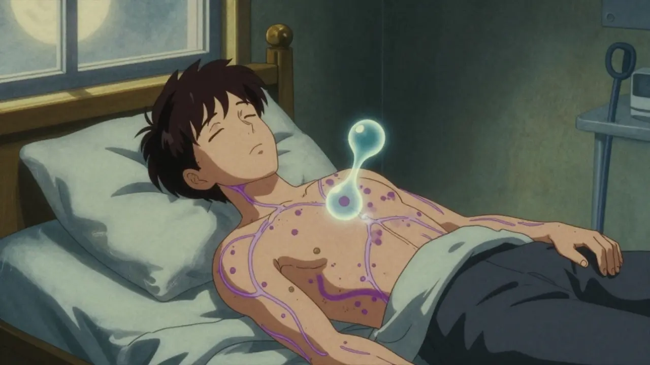 Patient at night with glowing itching lines and bile acids affecting the brain