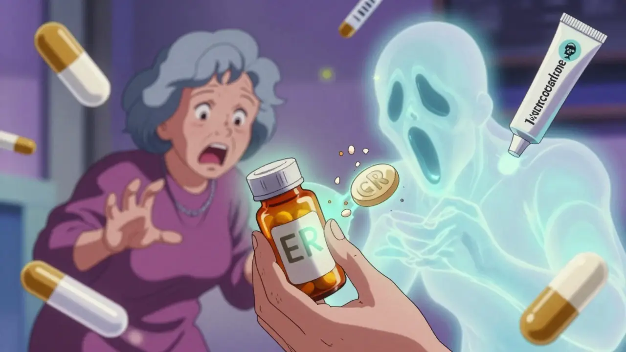 Patient holding a pill with hidden extended-release symbol, ghostly crushed version nearby, in vintage anime aesthetic.