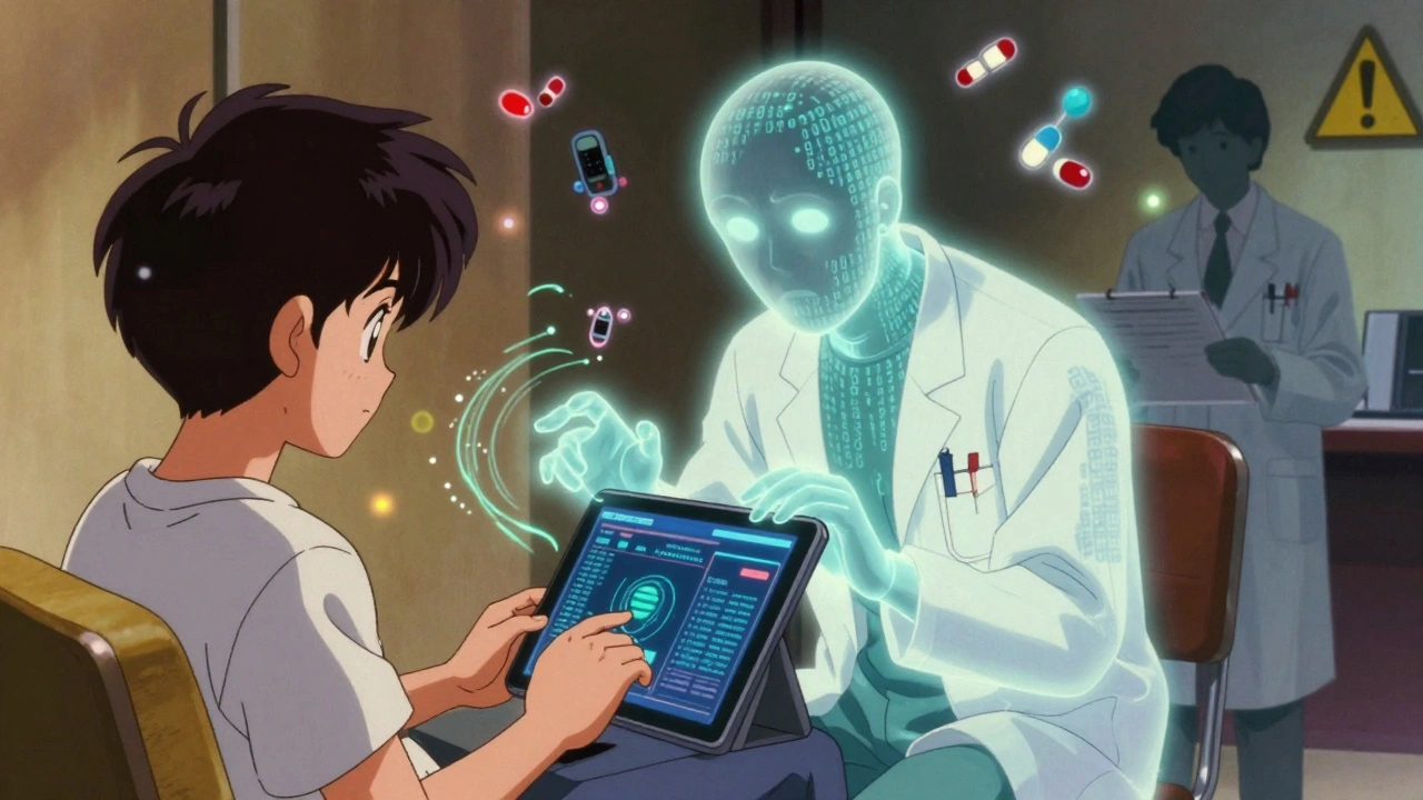Patient using a tablet while an AI ghost analyzes health data from wearables in 1980s anime aesthetic.
