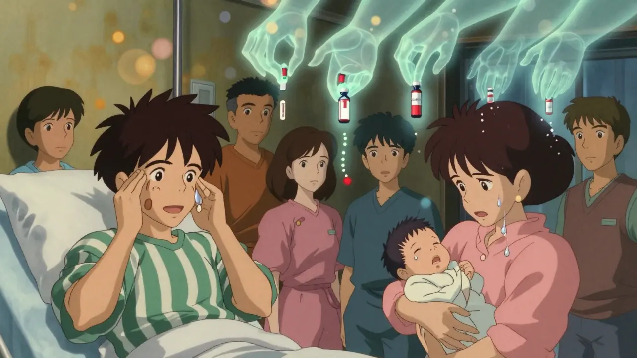 Patients suffering from opioid itching as ghostly hands of medication dissolve the itch trails above them.