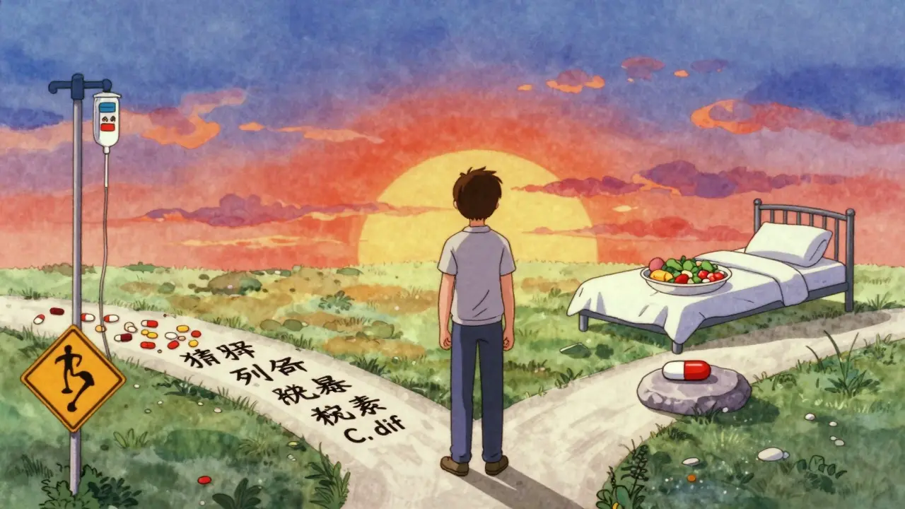 Person at crossroads choosing lifestyle changes over piles of pills, in vintage anime style.