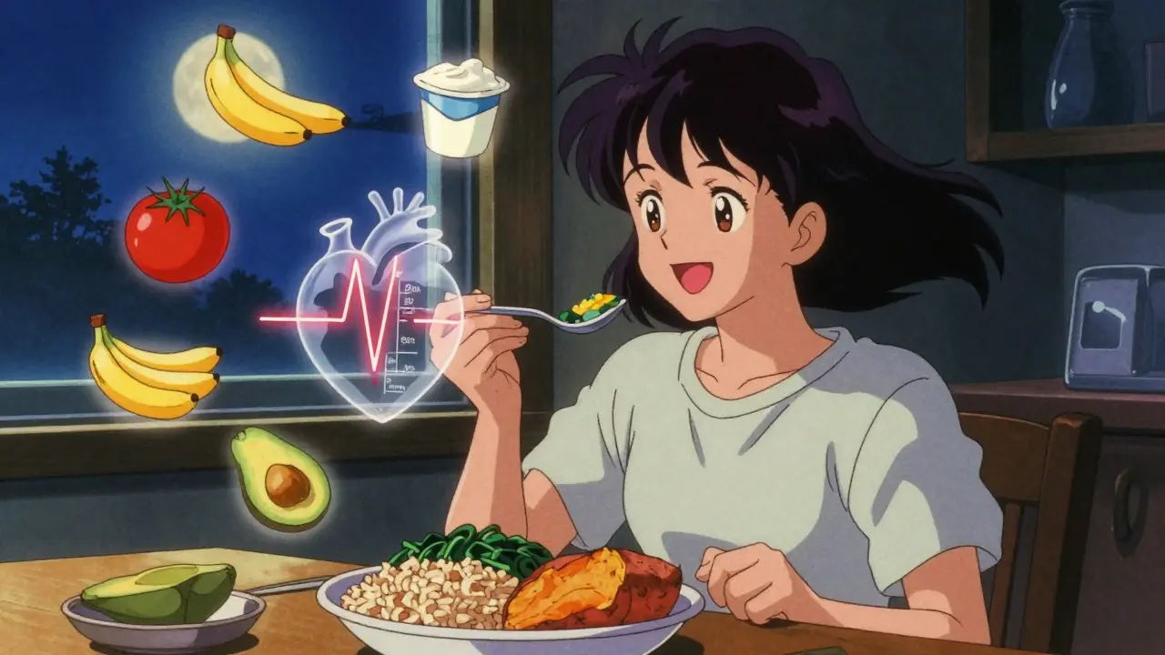 Person eating a healthy DASH meal with floating potassium-rich foods around them.