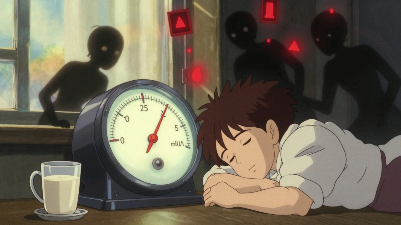 Person sleeping beside balanced thyroid thermostat while harmful substances creep nearby in retro anime style