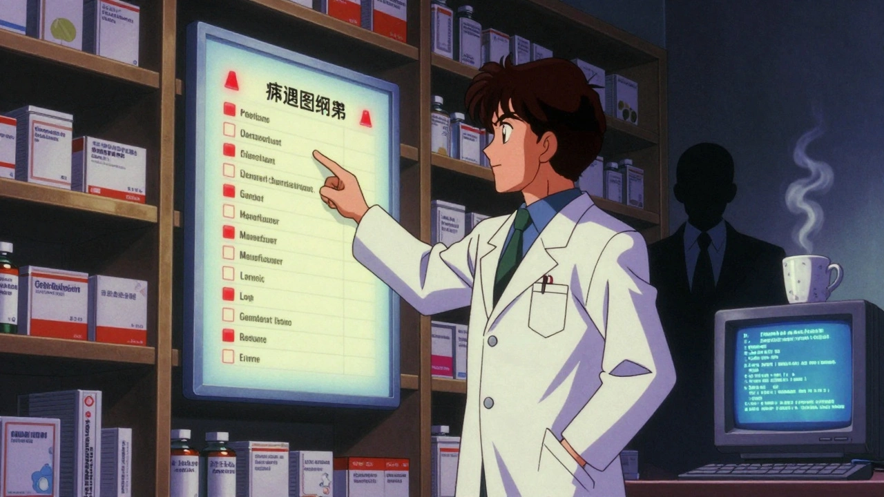 Pharmacist checking documentation checklist with warning lights and audit inspector in background.