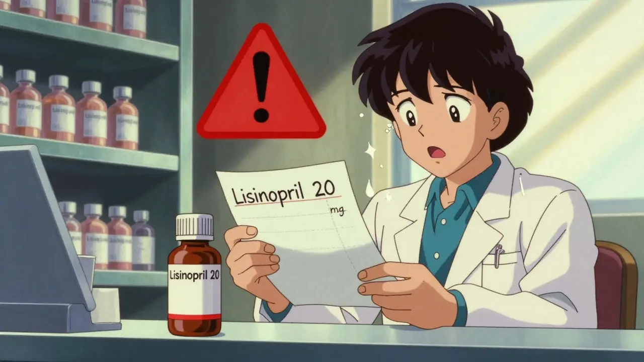 Pharmacist comparing a prescription with a bottle, missing dosage unit highlighted in dramatic retro anime scene.