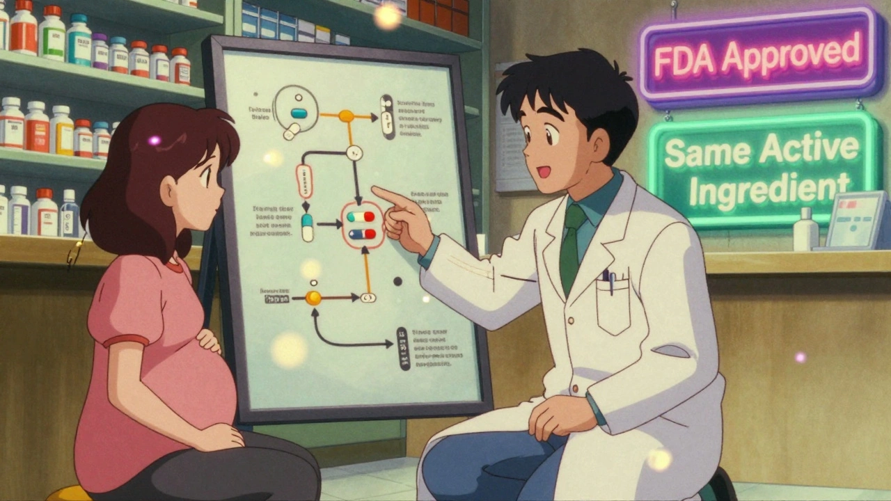 Pharmacist explaining drug absorption to a pregnant patient using an animated flowchart in retro anime style.
