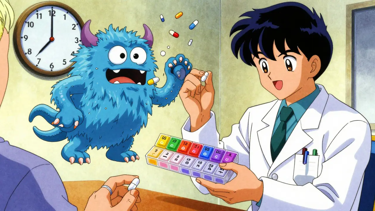Pharmacist giving pill organizer as fiber monster tries to swallow a pill.