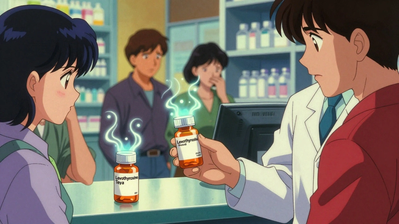 Pharmacist handing two different levothyroxine brands to patient with energy waves in retro anime style