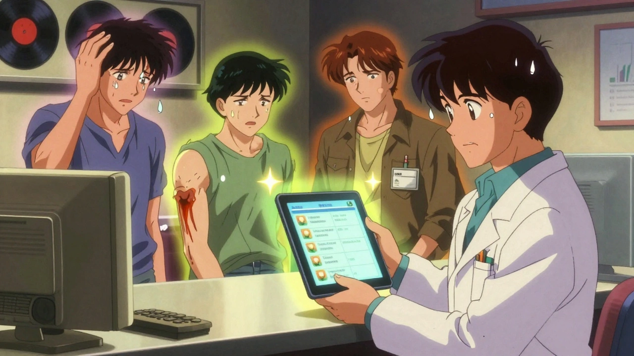 Pharmacist showing drug interaction data while three patients glow with warning auras