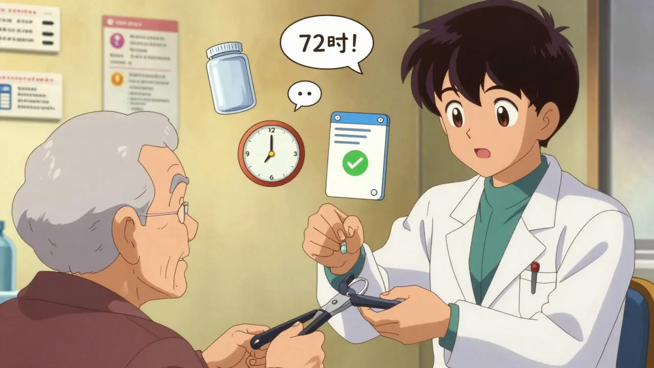 Pharmacist showing senior how to safely split pills with floating safety icons.