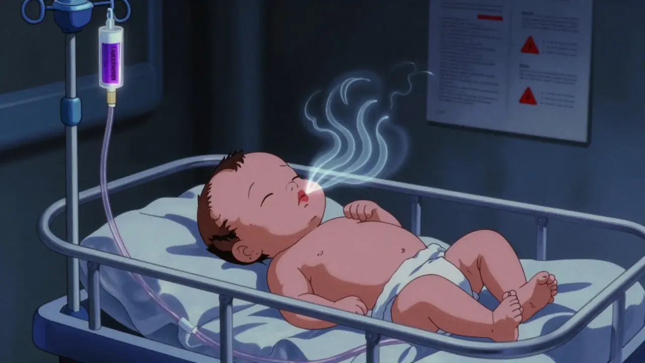 Premature infant in incubator with toxic IV fluid glowing purple, gasping breaths visible.