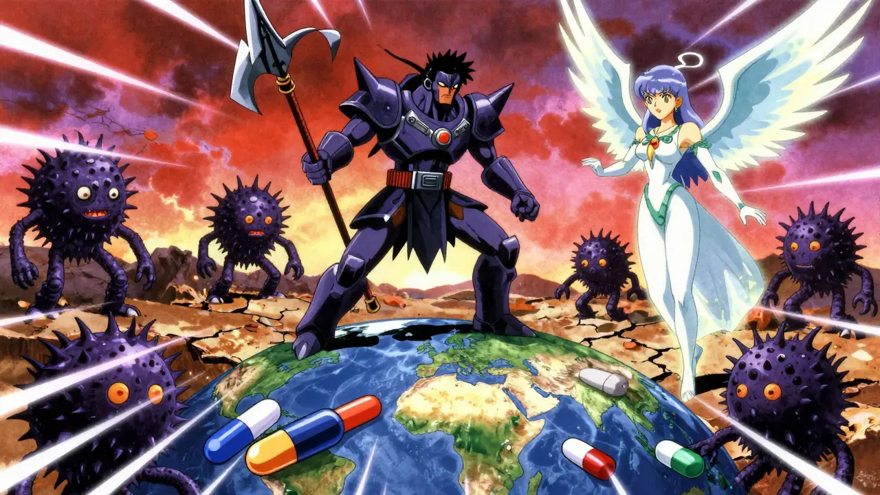 Resistant fungi battling new antifungal warriors in dystopian landscape, retro anime style