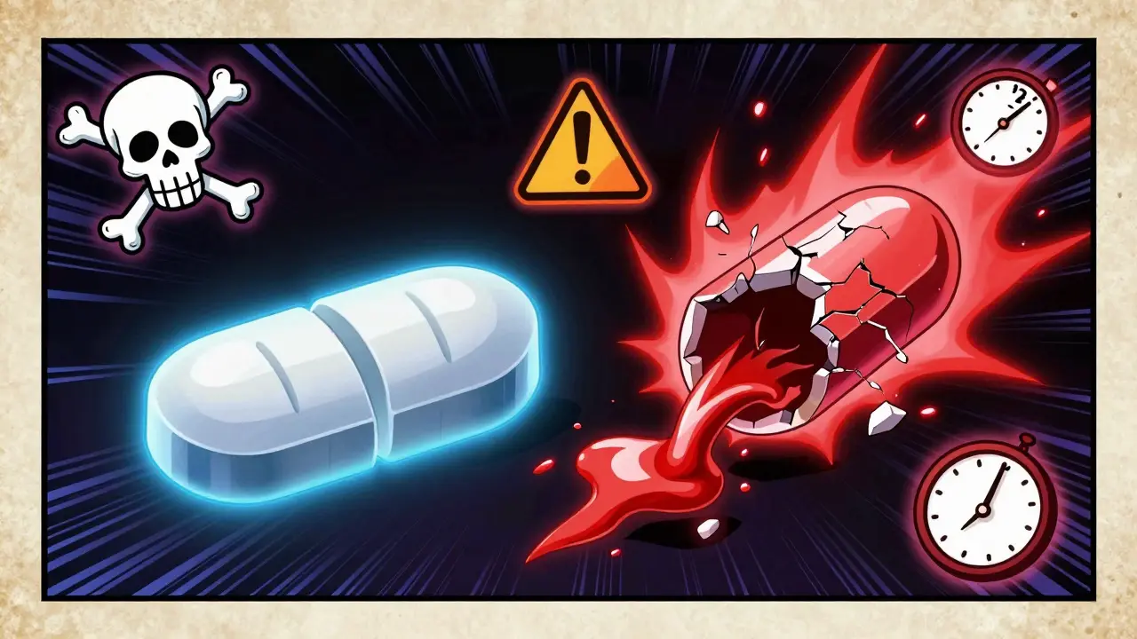 Safe scored pill next to dangerous crumbling extended-release pill with warning symbols.