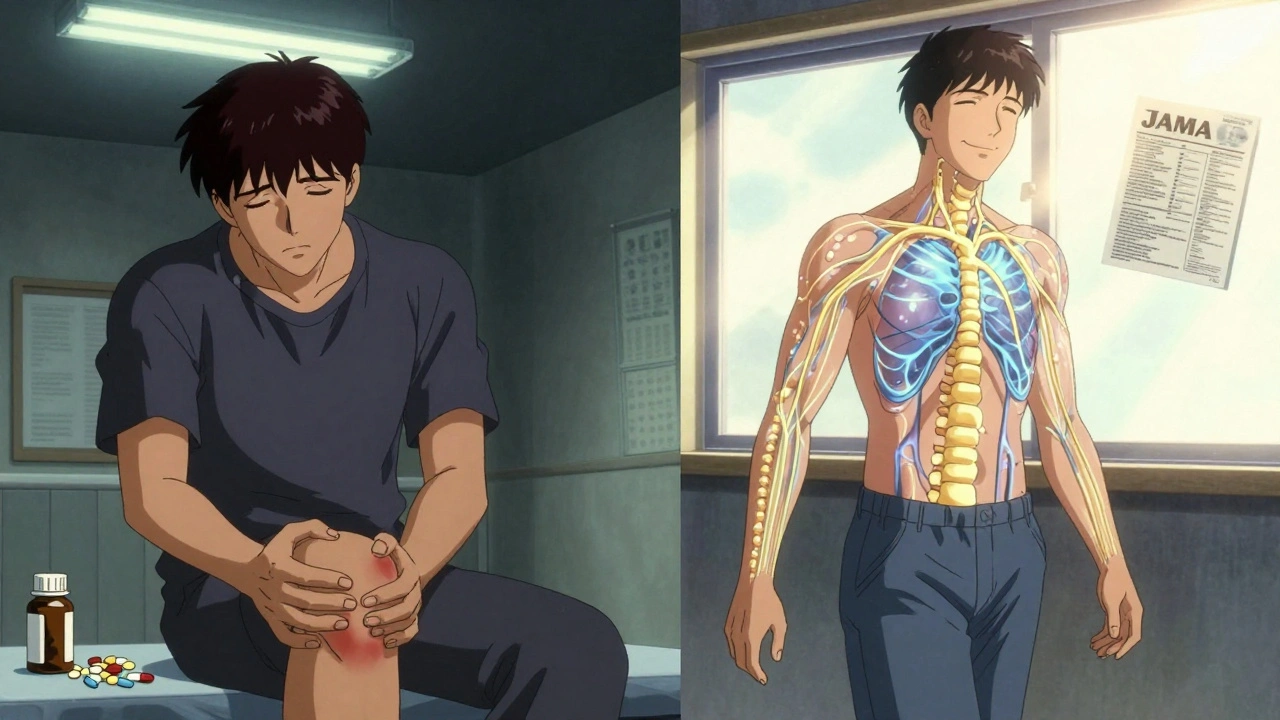 Split scene: a man in pain with pills versus the same man walking freely after acupuncture, with glowing neural pathways symbolizing pain relief.