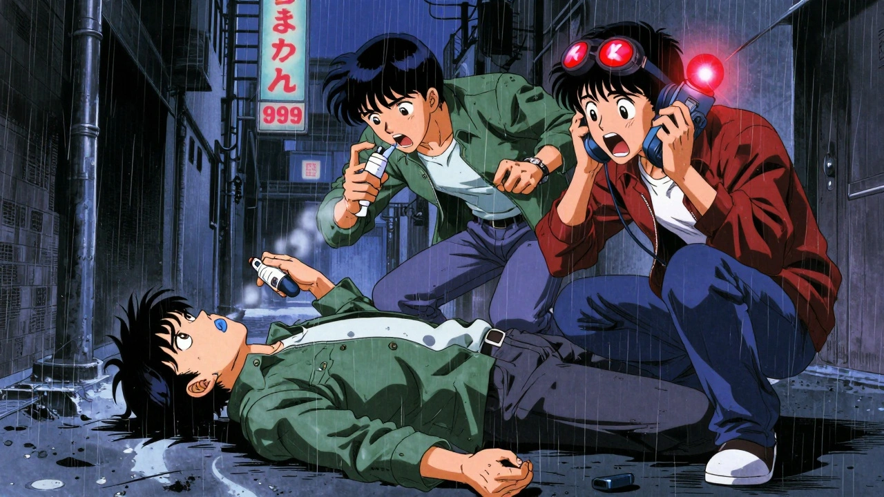 Three friends in an alley: one overdosing, another administering naloxone, the third calling for help.