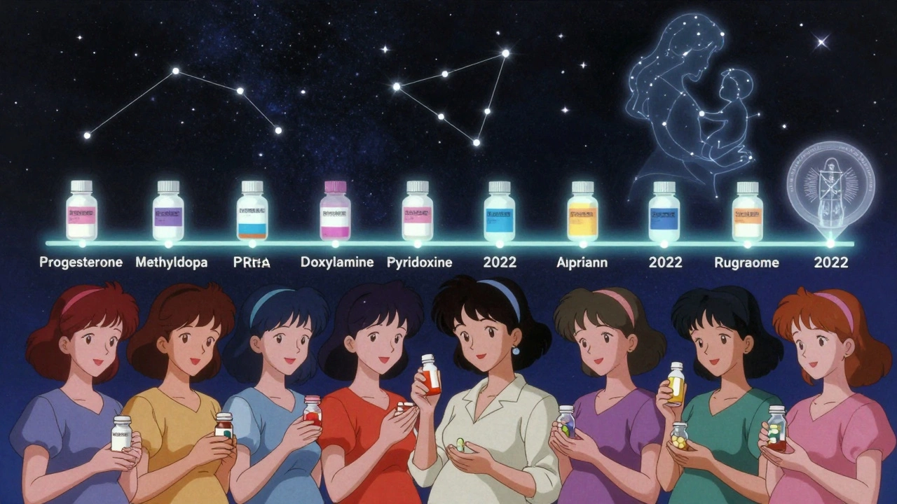 Timeline of pregnancy generics as constellations forming a mother and child, in nostalgic retro anime style.