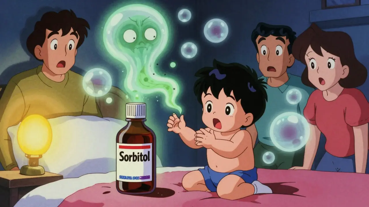 Toddler with sorbitol syrup, toxic bubbles swirling around as parents watch in shock.