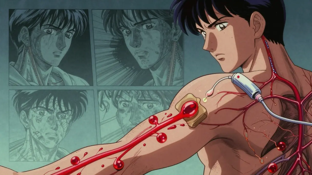 Transdermal patch releasing drug stream into bloodstream vs. gentle gel drip.