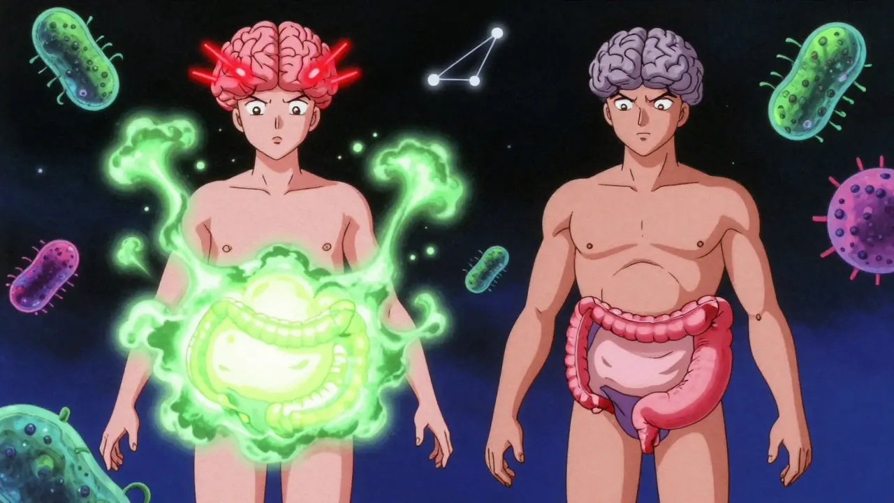 Two contrasting figures representing IBS-D and IBS-C, with glowing guts and brains, floating probiotics in a cosmic setting.