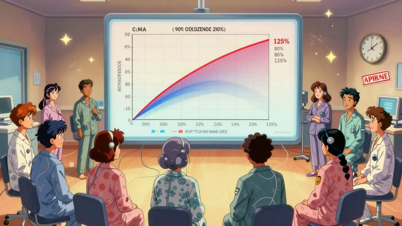 Volunteers in lab with floating bioequivalence data curves in retro anime