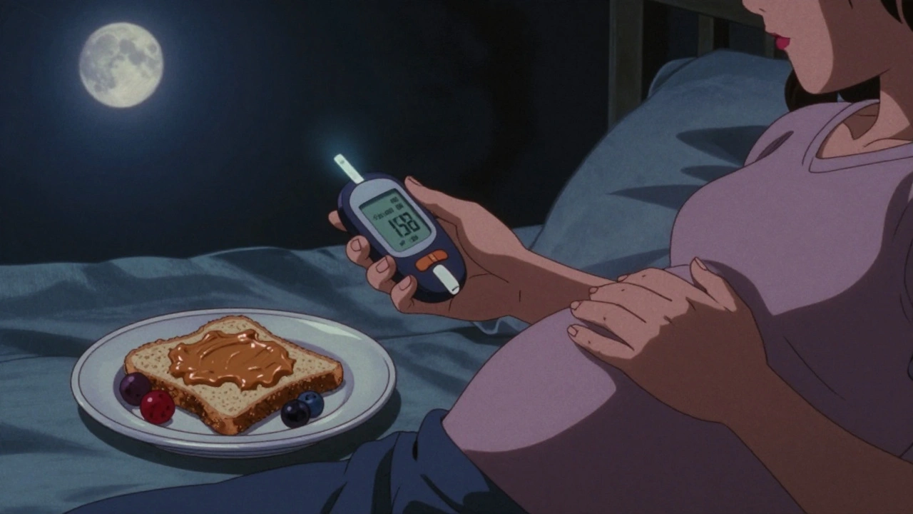 Woman checking blood sugar at night with a healthy bedtime snack of toast and berries.
