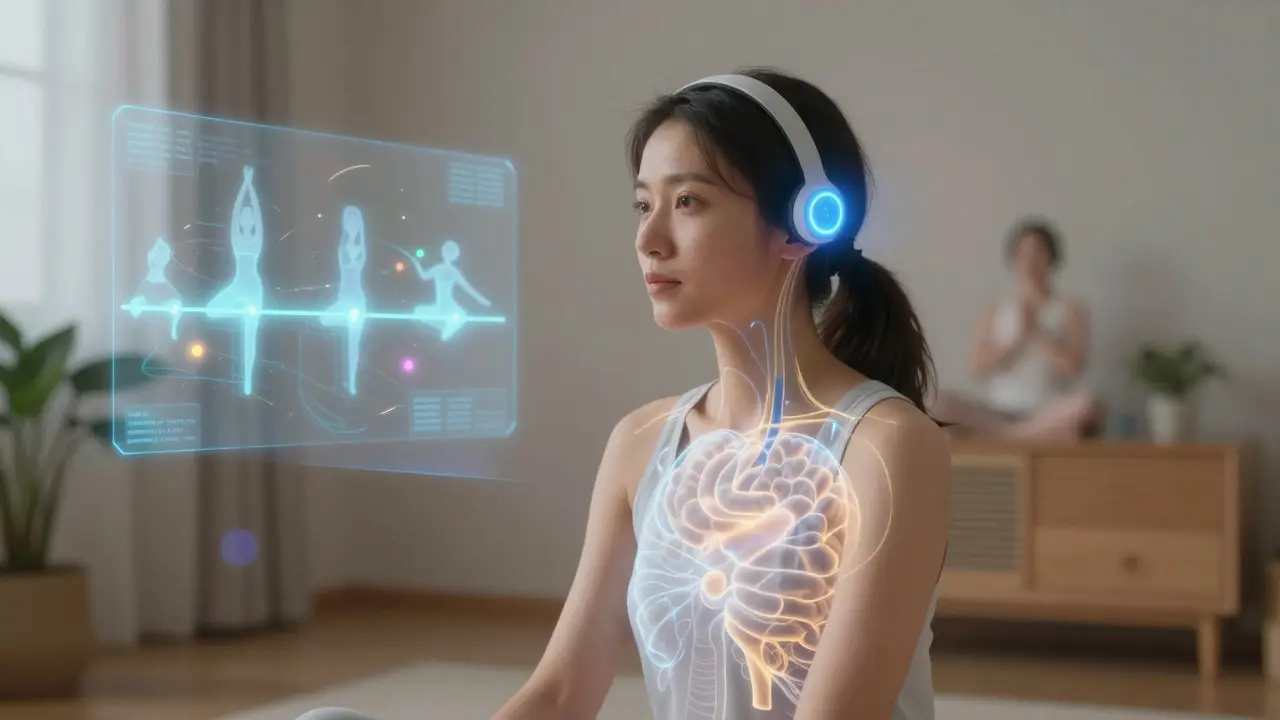 Woman with tVNS device, calm and surrounded by pulsing gut-brain pathways and faint yoga silhouettes in retro anime style.