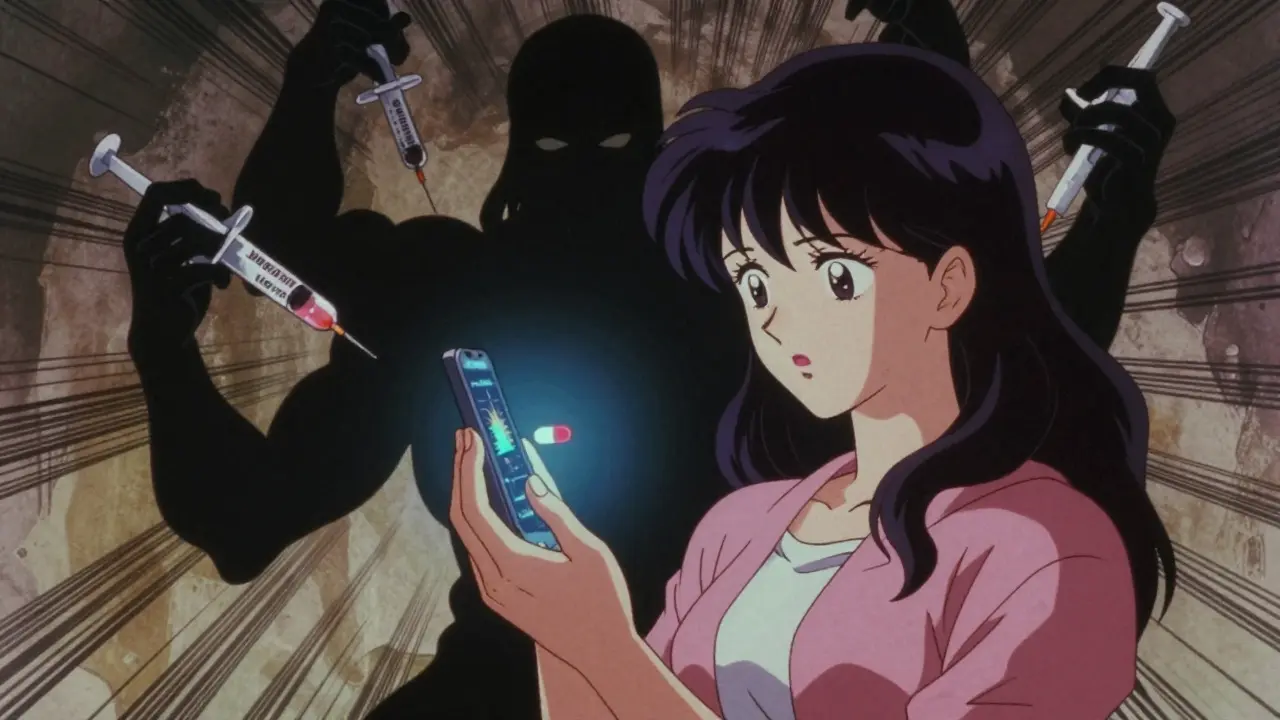 Young woman holding herbal capsule as her shadow becomes a monstrous figure symbolizing drug interactions.