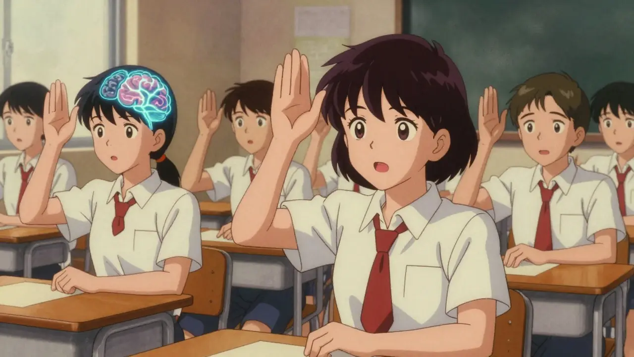 A classroom scene where students mimic an answer, with a neural pathway glowing in one student's brain.