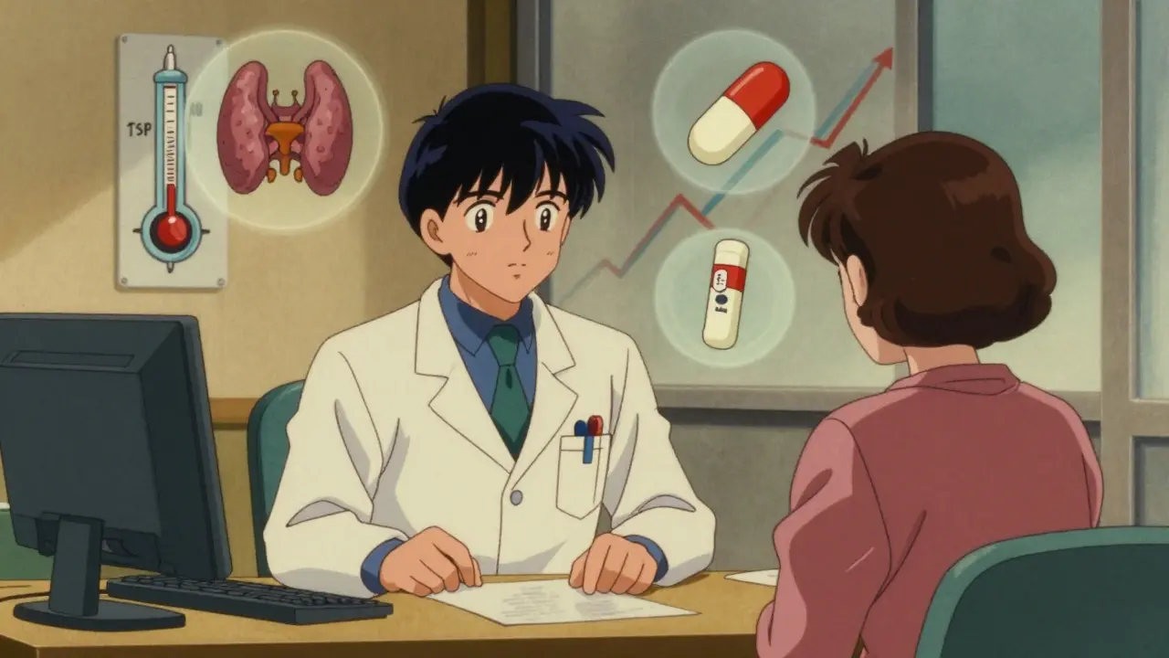 A doctor and patient discuss thyroid health with floating medical symbols in 90s anime style.
