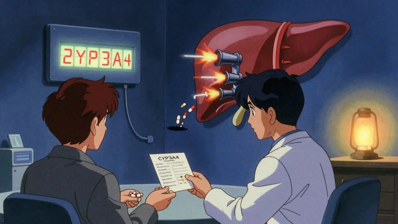 A doctor’s office with a ticking timer and liver enzymes ejecting pills, safe alternatives glowing softly.