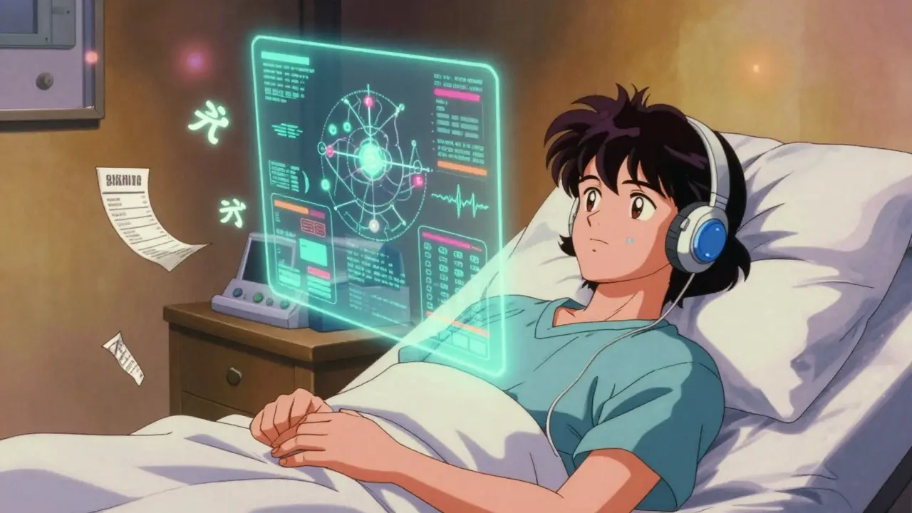 A patient surrounded by merging clinical trial data and real-world health streams in retro anime aesthetics.