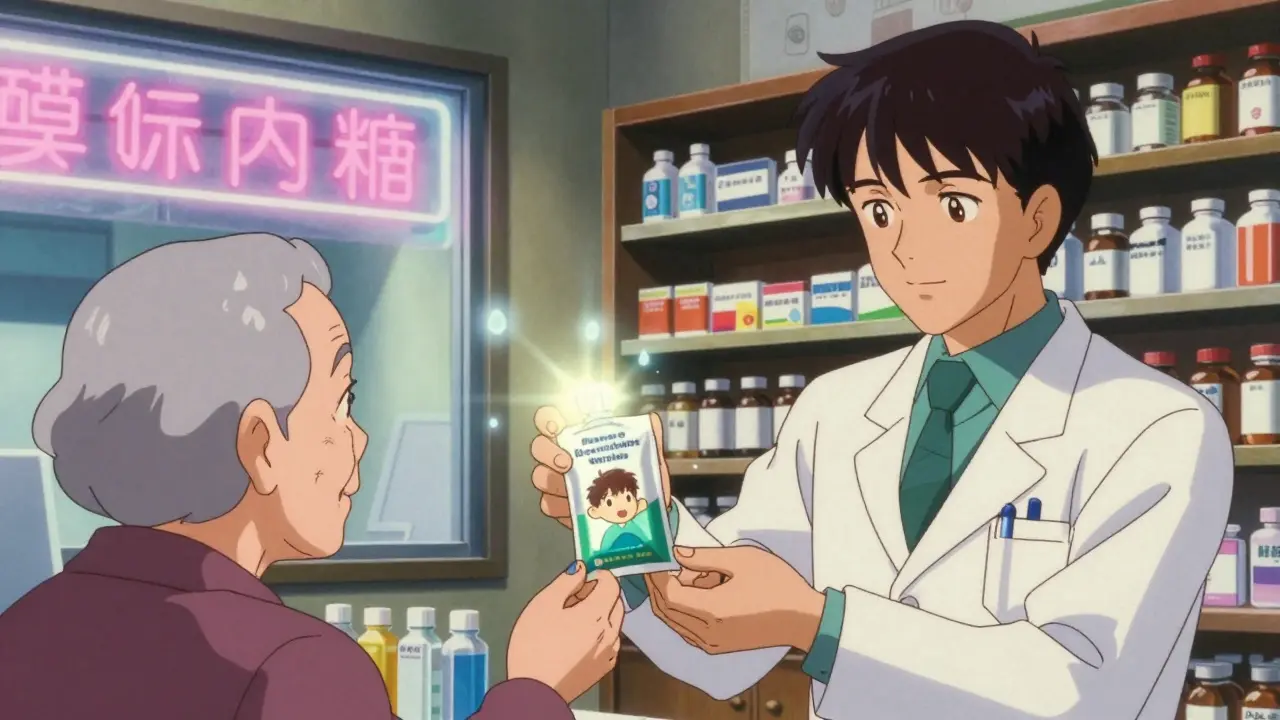 A pharmacist gives a deactivation pouch to an elderly patient in a cozy pharmacy with soft neon lighting.