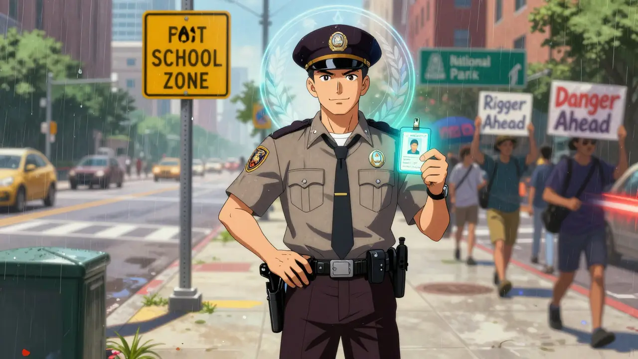 A retired police officer holding ID and certification, standing confidently near a school zone.