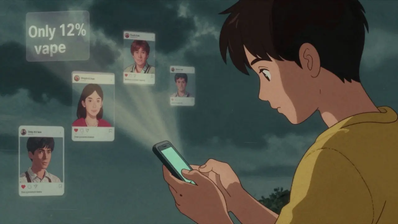 A teen scrolls a phone showing fake peer habits, while real statistics float above them in soft light.