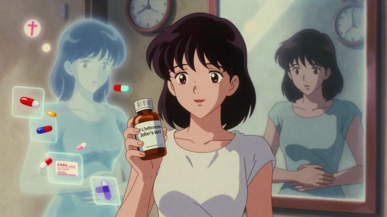 A woman smiling as her medications fade behind her, reflection showing anxiety in vintage anime style.