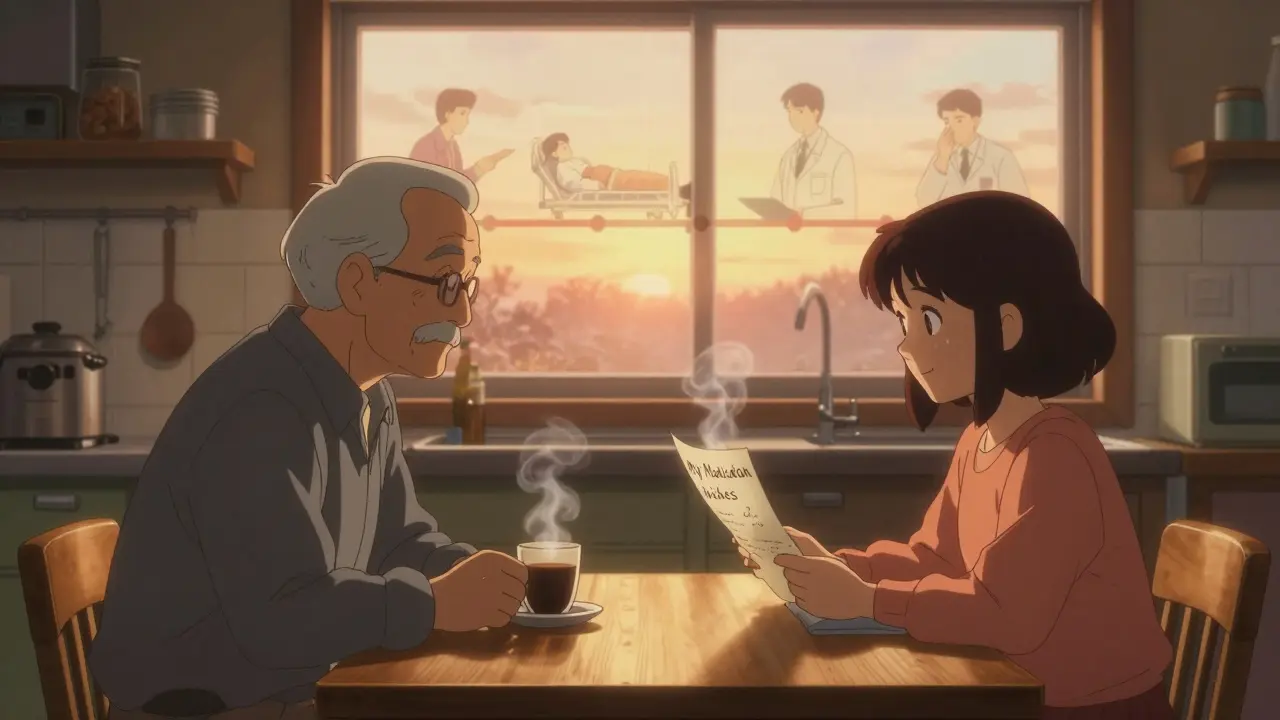 An elderly man gives his sister a handwritten list of medication wishes in a sunlit kitchen, sharing quiet trust.