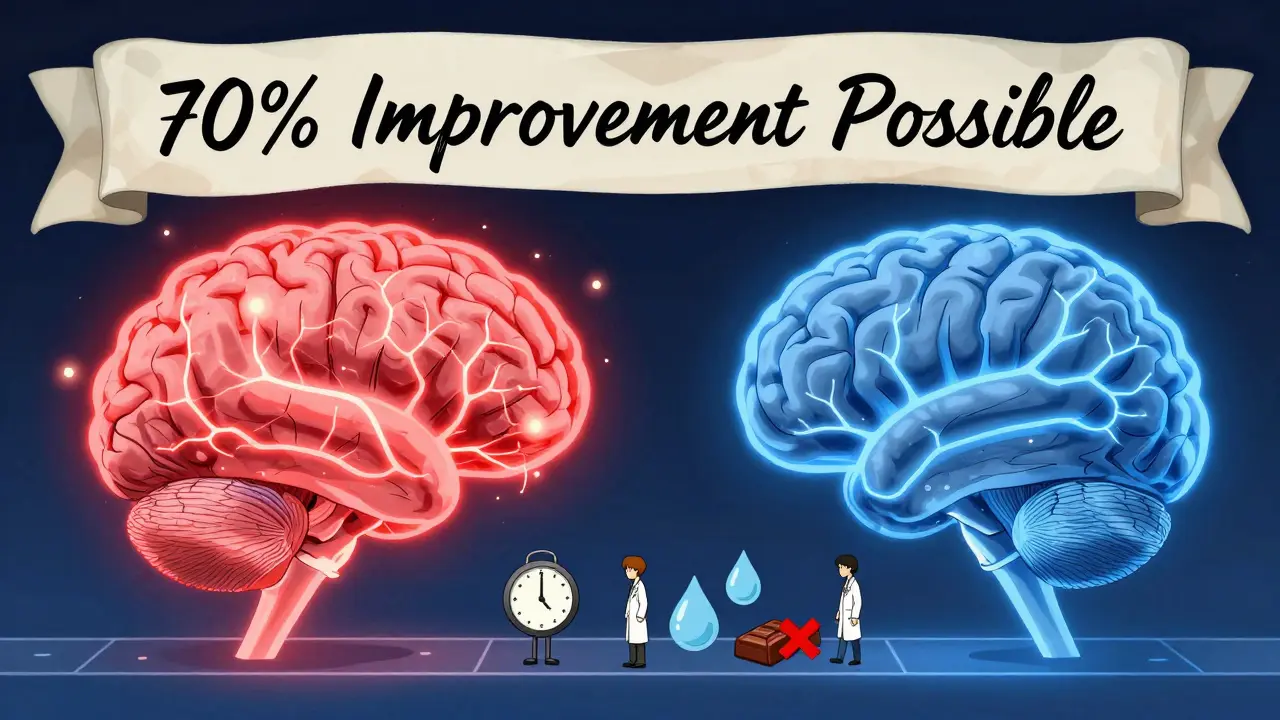 Animated brain with chaotic and calm pathways, figures placing trigger avoidance symbols, text banner reading '70% Improvement Possible'.