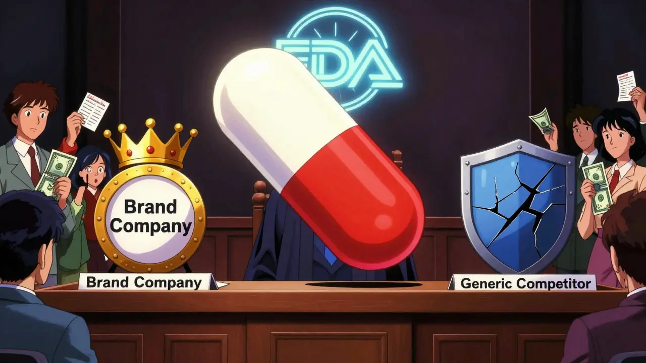 Anime-style courtroom with a giant pill symbolizing drug pricing battle between brand and generic.