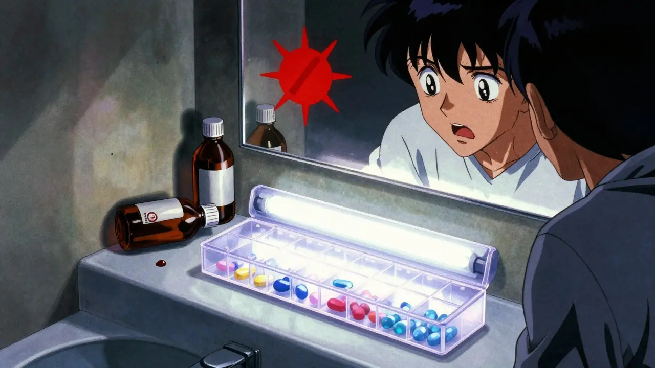 Clear pill organizer glowing under bright bathroom light while amber bottles are ignored in shadow.