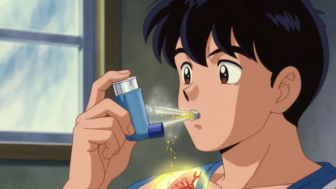 Close-up of person using inhaler with spacer, golden medicine particles entering lungs in warm indoor setting.