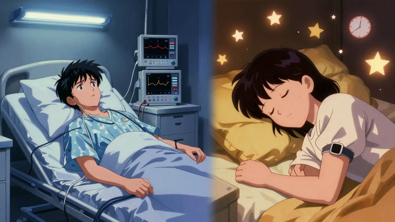 Contrasting hospital sleep study vs home actigraphy in vintage anime style, one anxious, one peaceful.