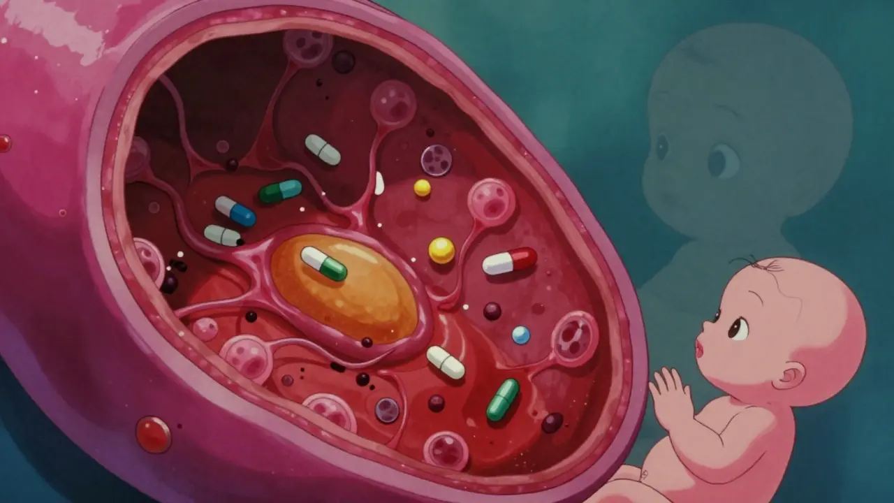 Cross-section of placenta with glowing villi filtering drugs, fat-soluble substances passing easily, water-soluble ones blocked.