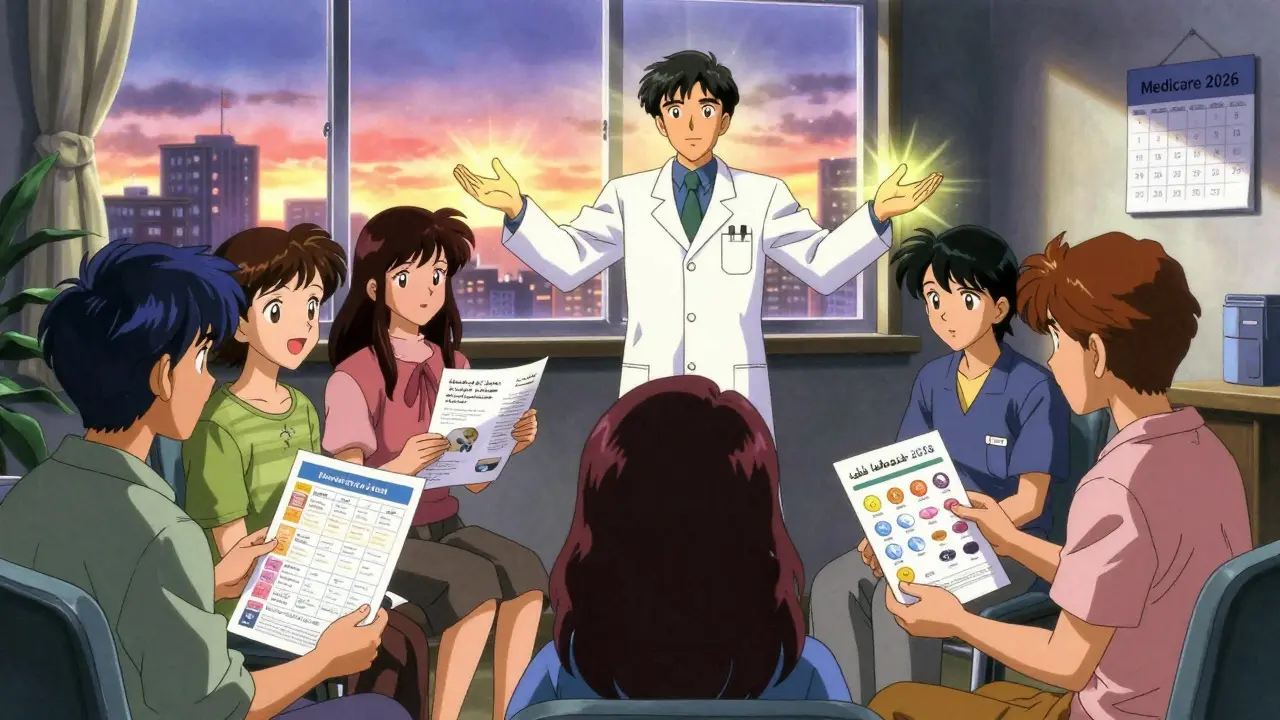 Diverse patients receive tailored medication guides from pharmacist in calm counseling room with glowing symbols of understanding.