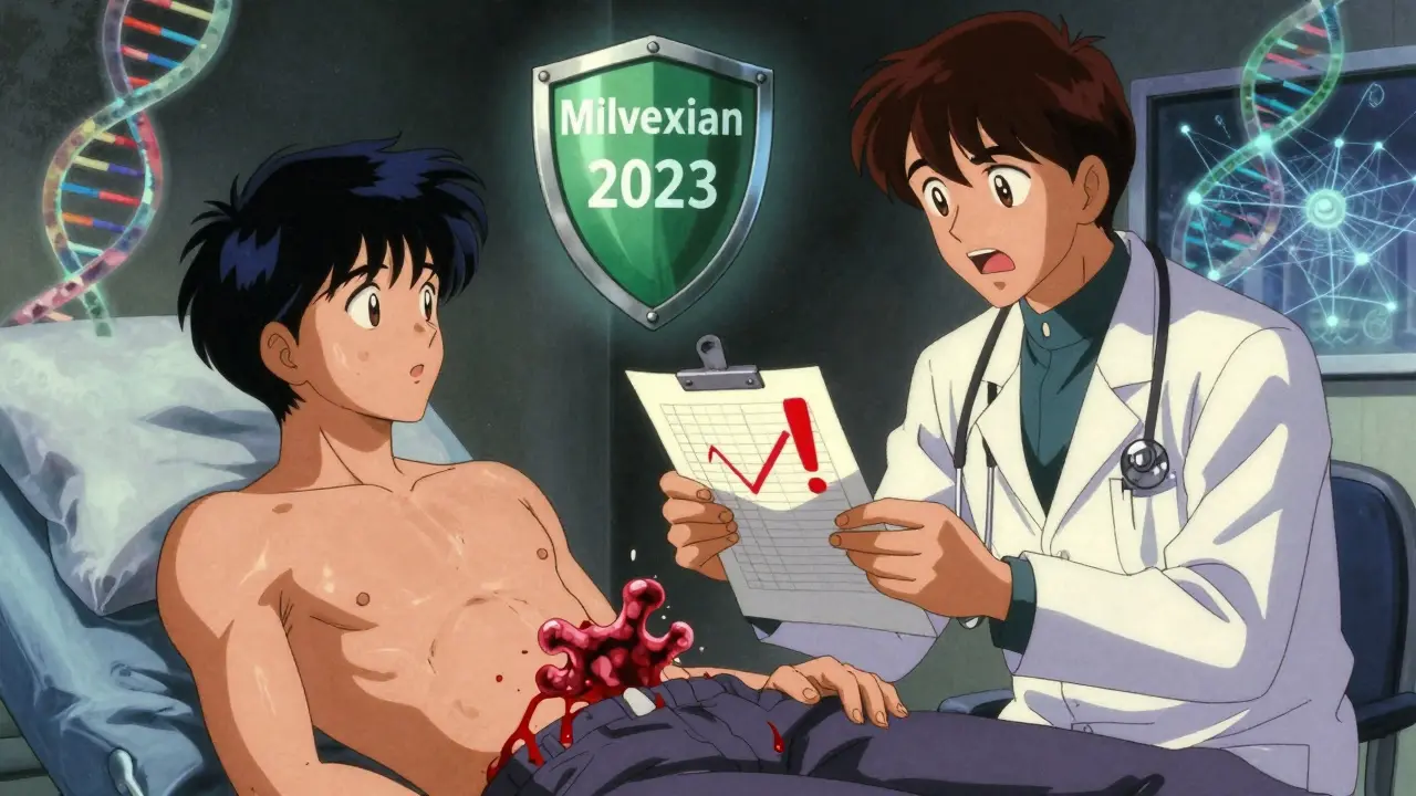 Doctor and patient with bleeding hand and Milvexian shield in retro anime clinic scene