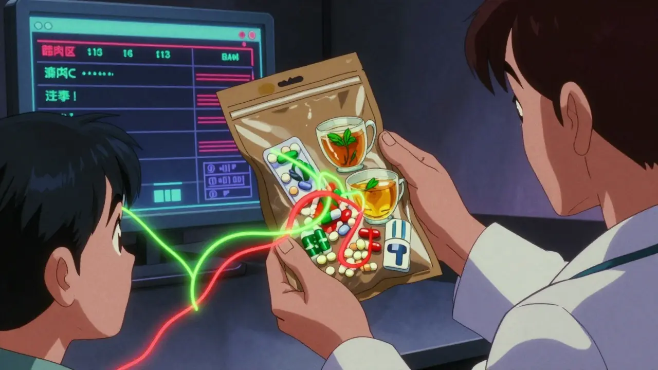 Doctor examining medications from a brown bag, with glowing safe and dangerous interaction threads.